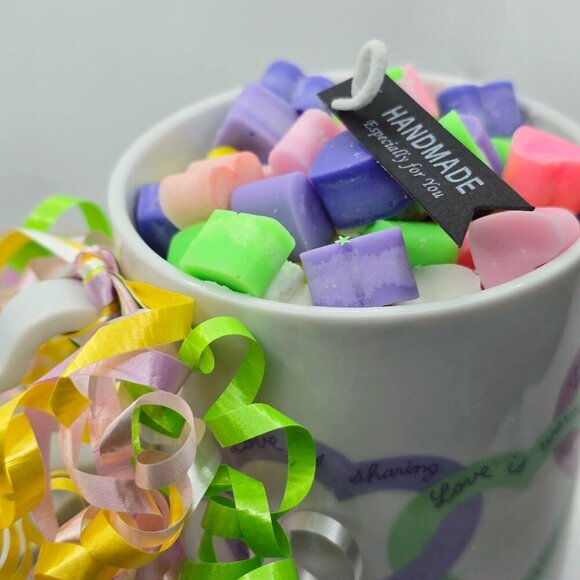 Handmade ✦ Love Is… Ceramic Mug Candle ✦ Rainbow Heart Wax Sherbet Scent NWT - Picture 8 of 11